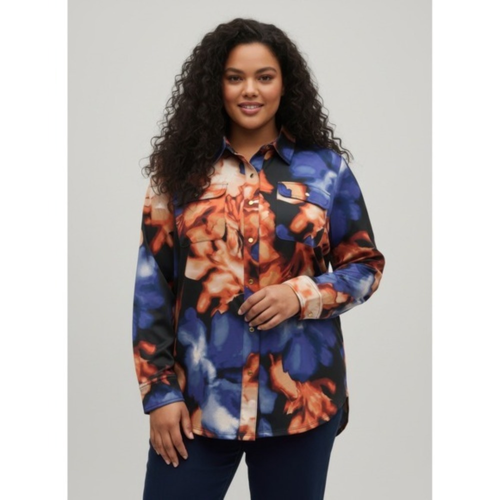 Floral Satin Button Down Women 1X Blue Orange Satin Shirt